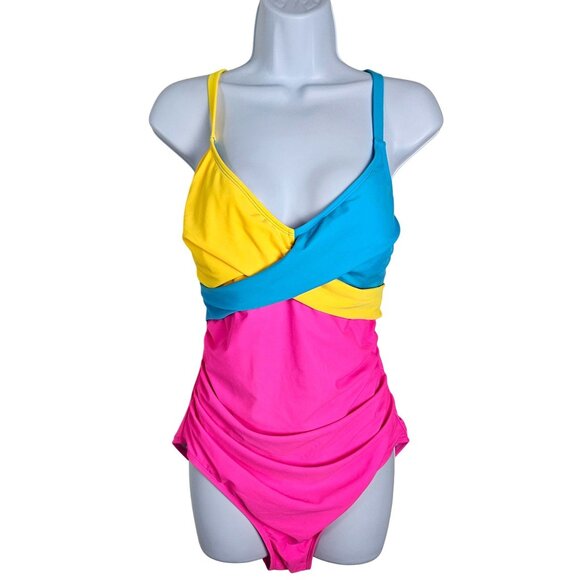B2Prity Womens Large Colorblock One-Piece Swimsuit Tie Back Beach Vacation Pool - Picture 4 of 8